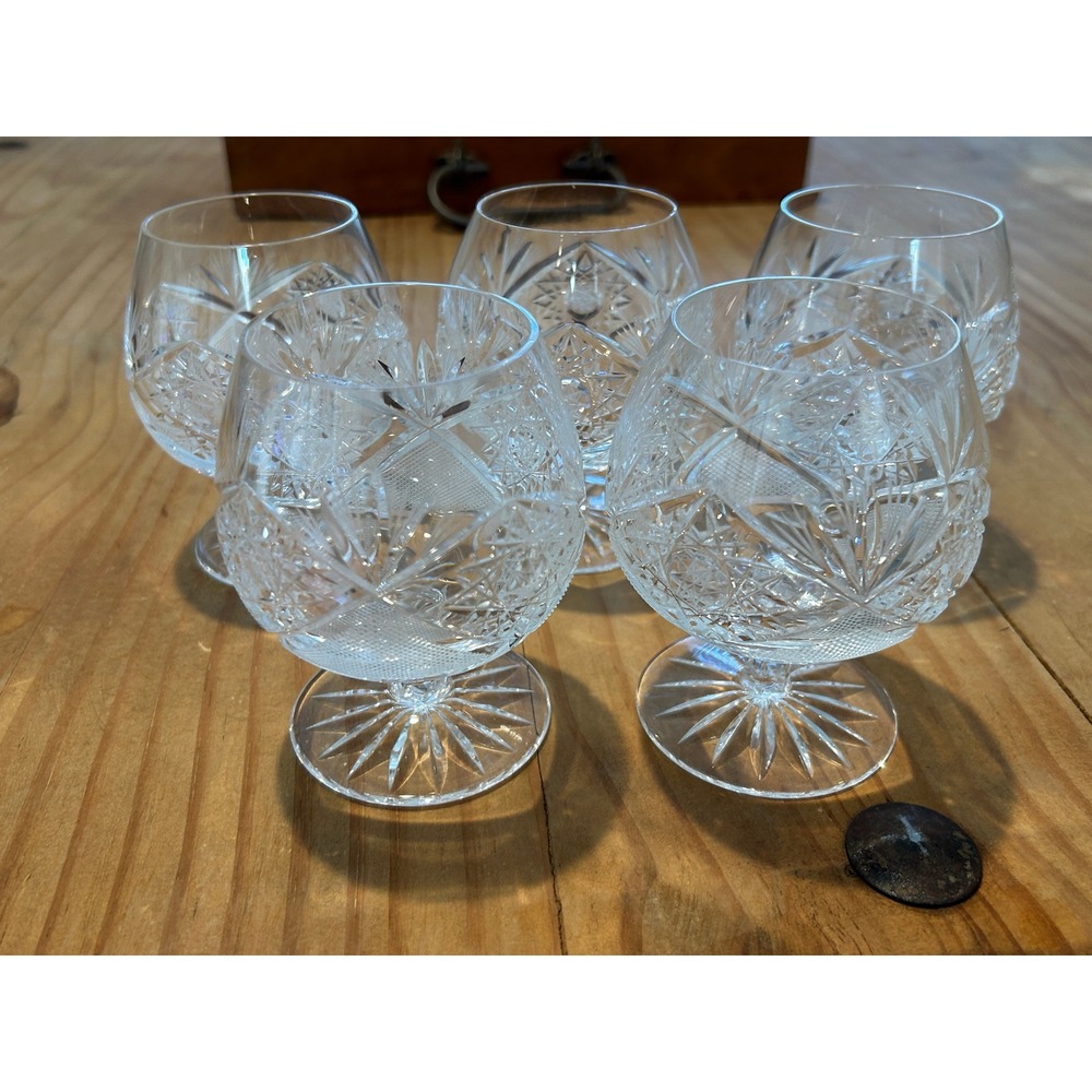 Vintage Cut Crystal Brandy Snifters Set of 5 Starburst Diamond Pattern Clear - Picture 1 of 5